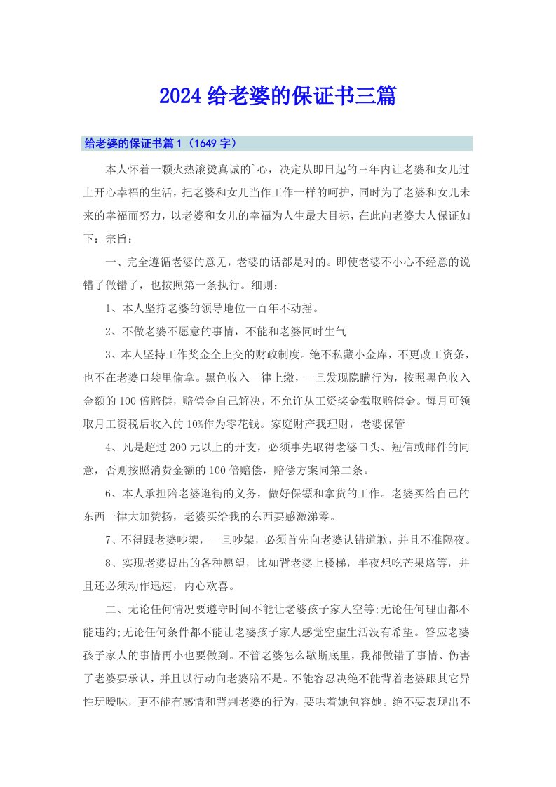 2024给老婆的保证书三篇（精选）