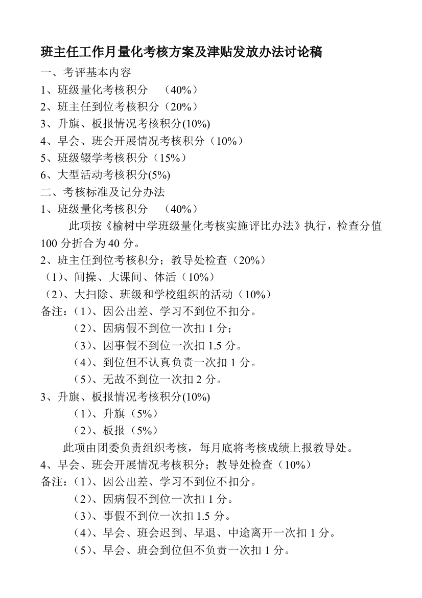 班主任工作月量化考核方案及津贴发放办法.