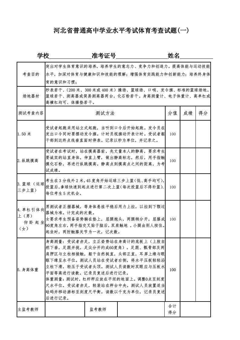 河北省普通高中学业水平考试体育考查试题