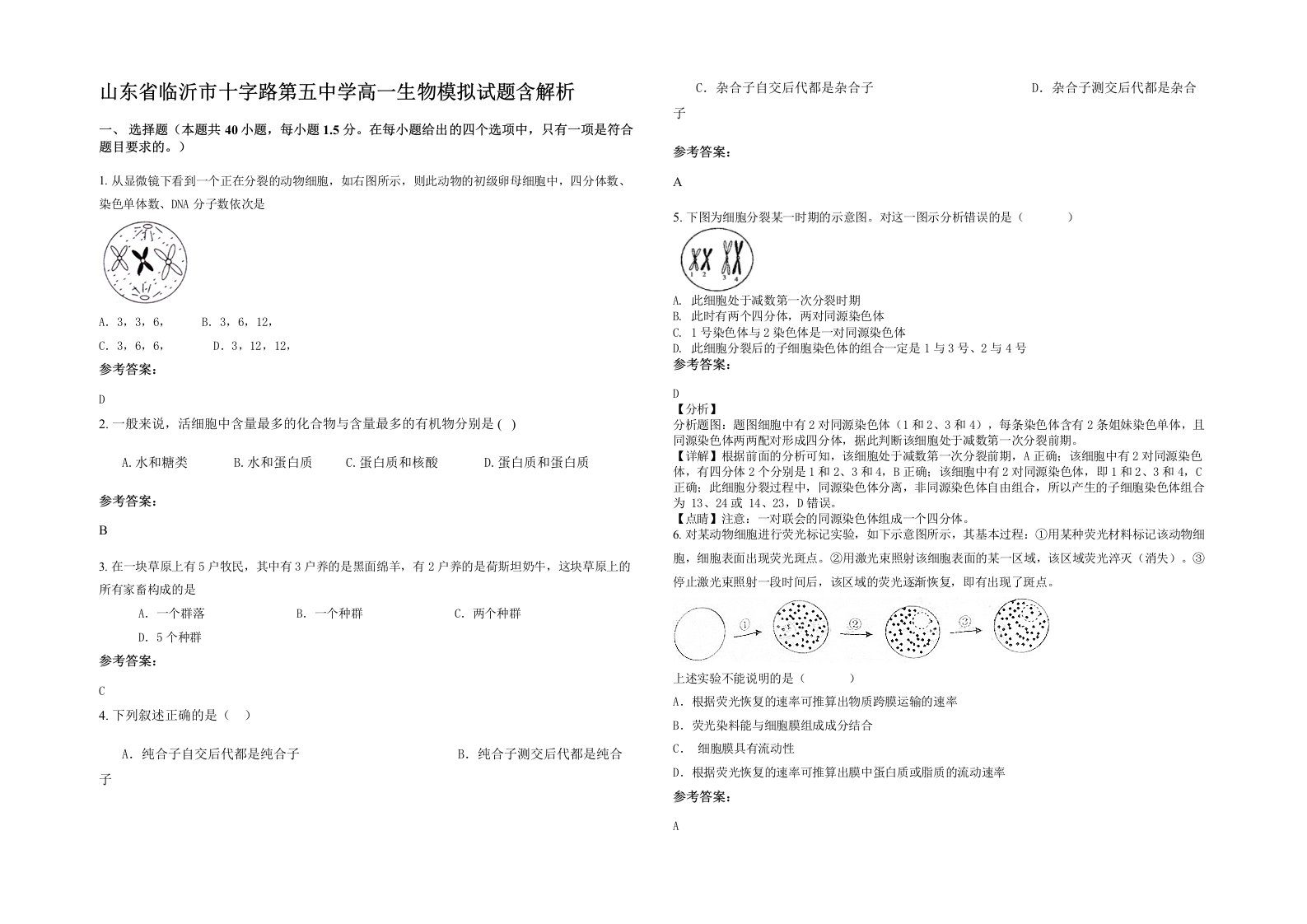 山东省临沂市十字路第五中学高一生物模拟试题含解析