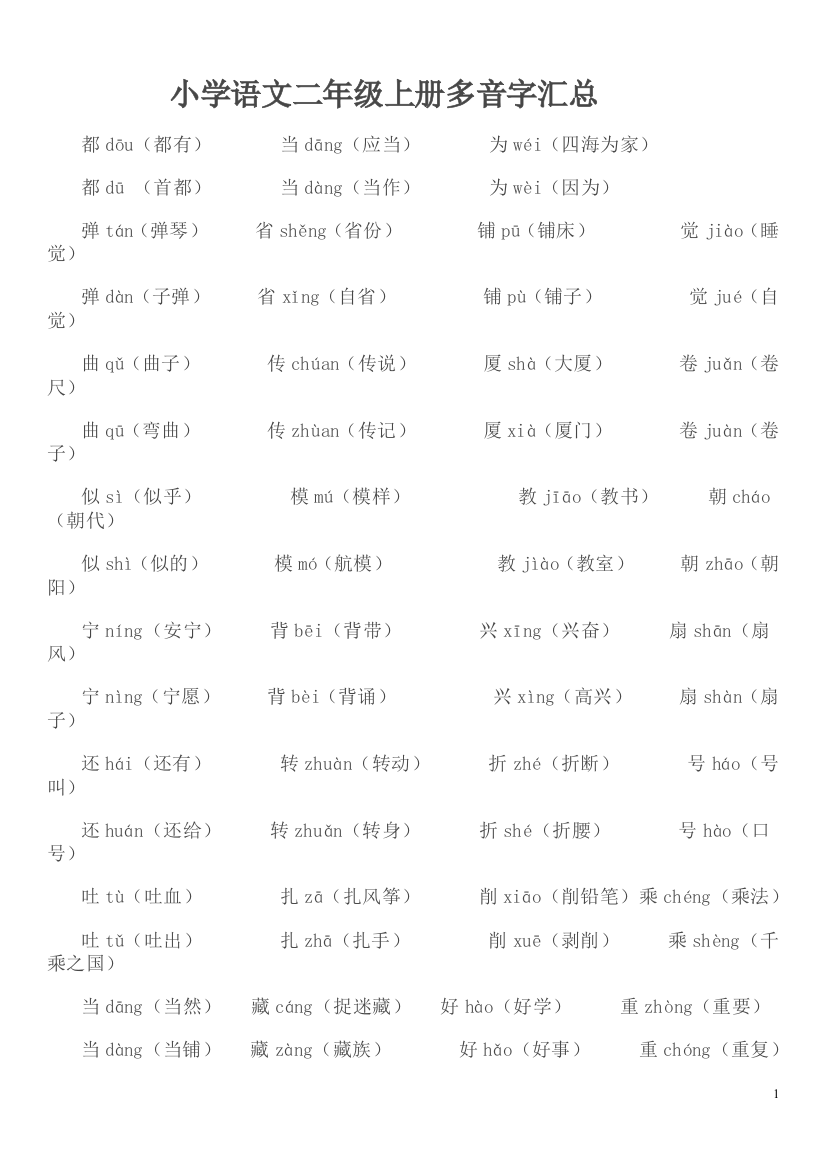 【小学精品】小学语文二年级上册多音字汇总