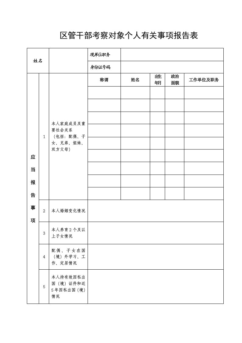 区管干部考察对象个人有关事项报告表