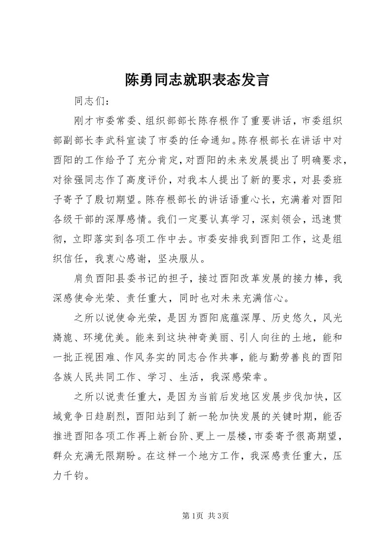 陈勇同志就职表态讲话