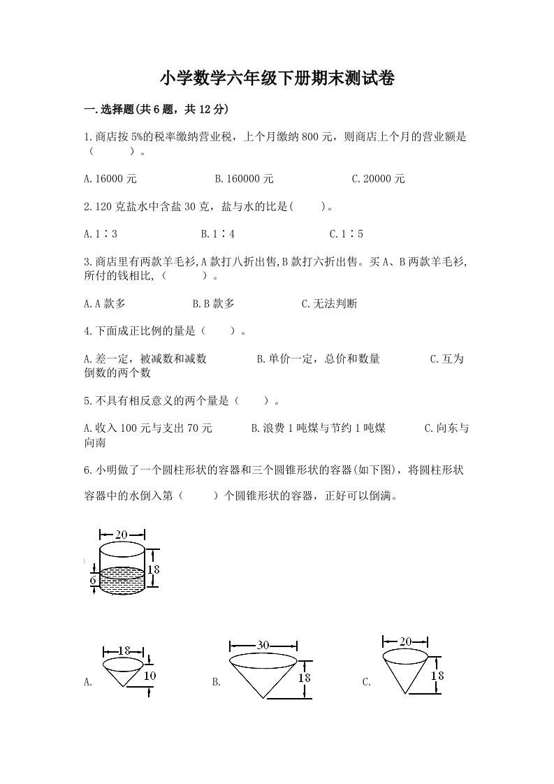 小学数学六年级下册期末测试卷附完整答案（历年真题）