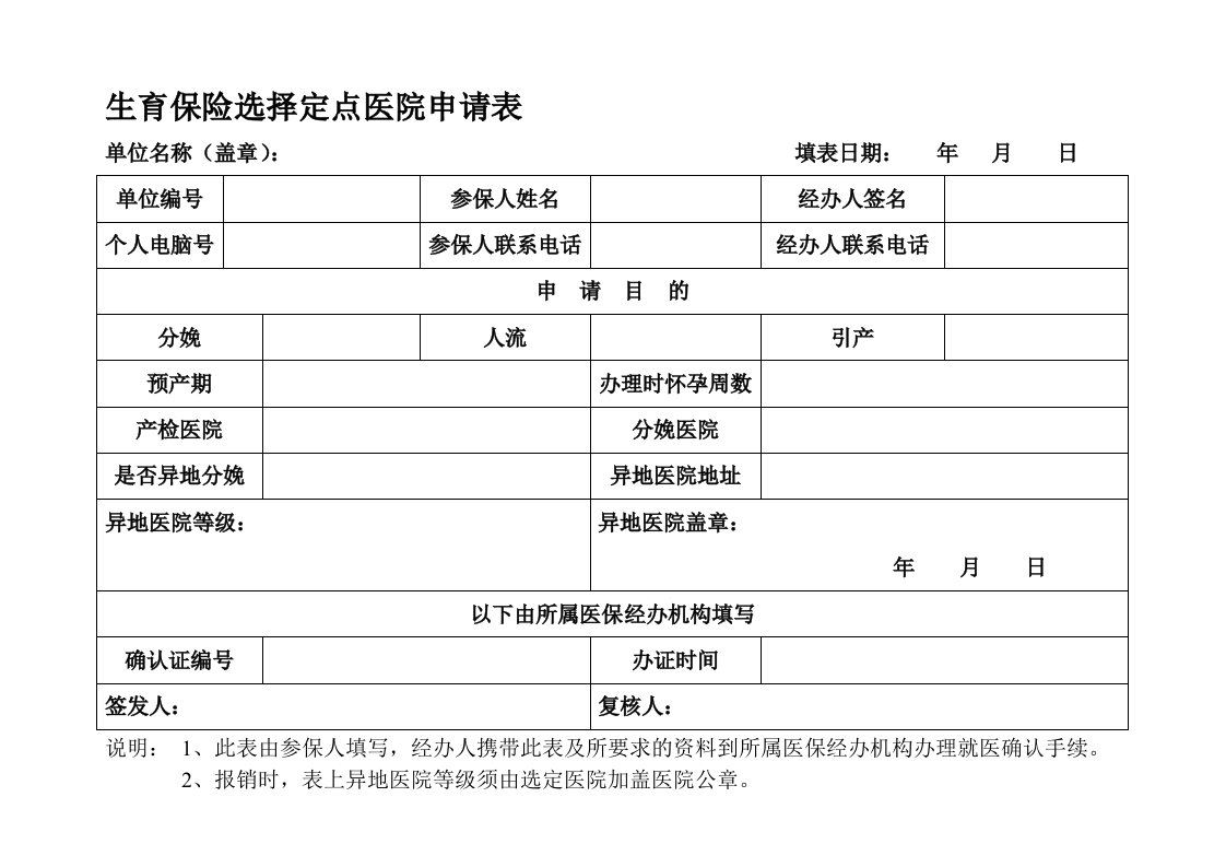 生育保险选择定点医院申请表