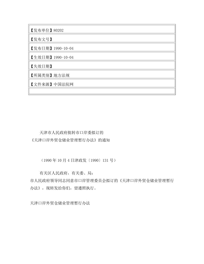 天津市人民政府批转市口岸委拟订的《天津口岸外贸仓储业管理暂行