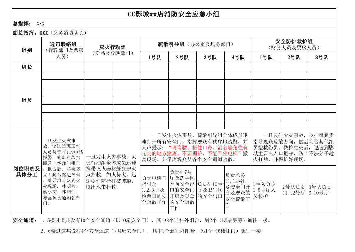 消防安全应急小组名单模版