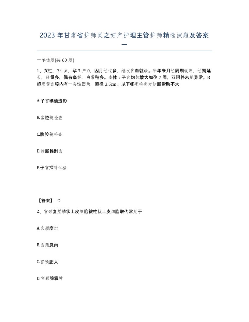 2023年甘肃省护师类之妇产护理主管护师试题及答案一