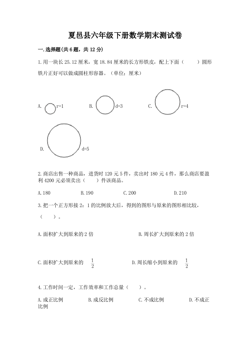 夏邑县六年级下册数学期末测试卷审定版