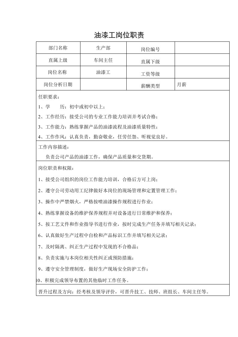 中小企业油漆工岗位职责