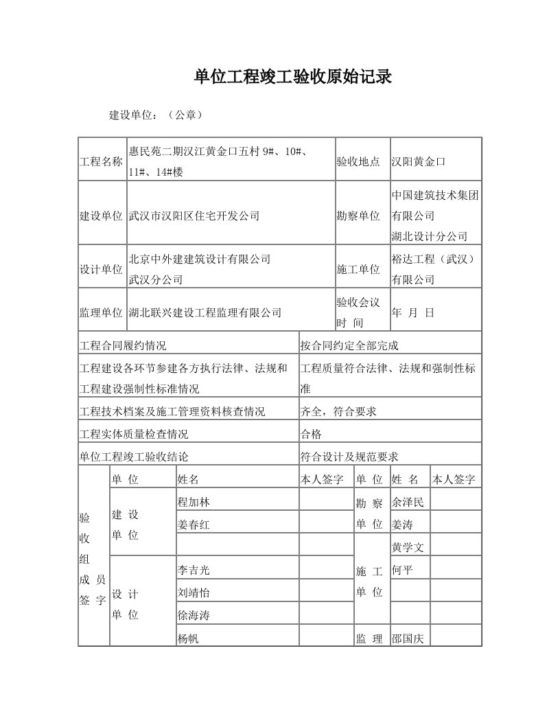 单位工程竣工验收原始记录