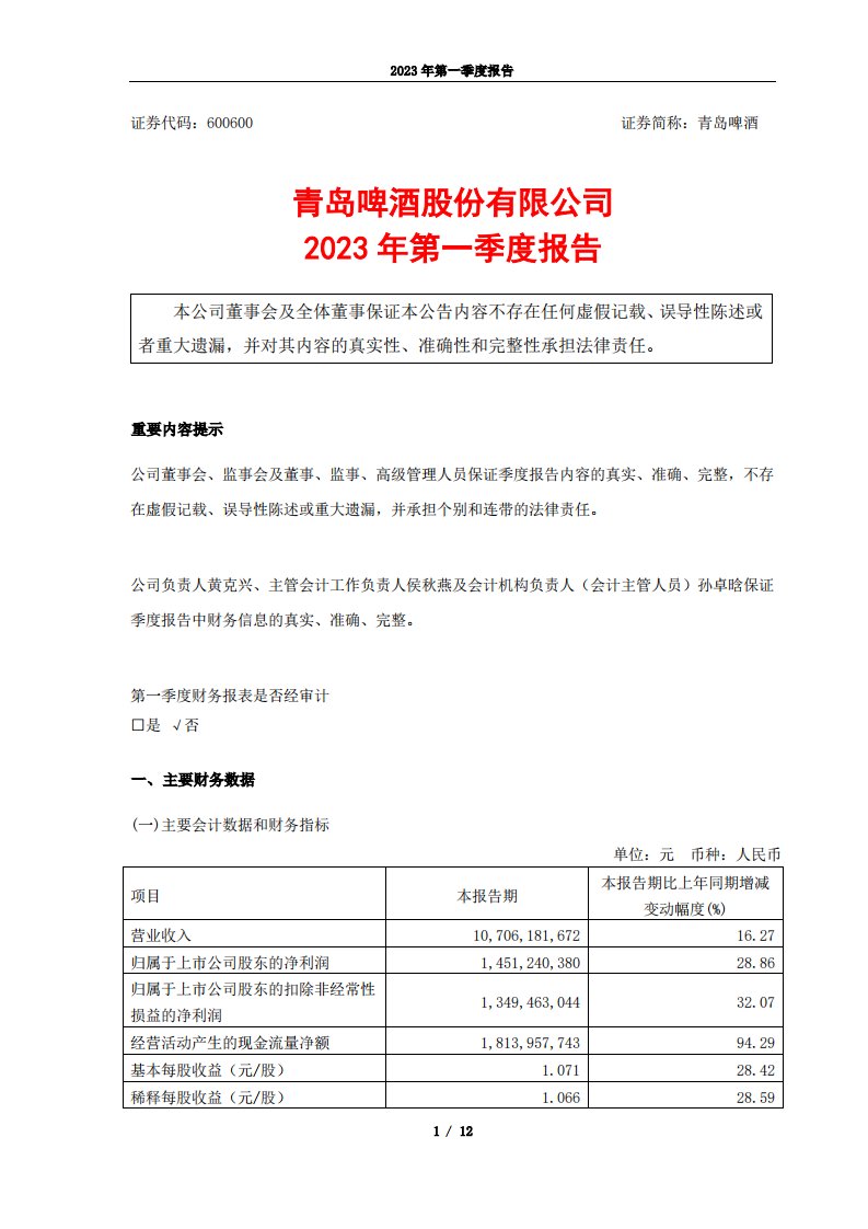 上交所-青岛啤酒股份有限公司2023年第一季度报告-20230424