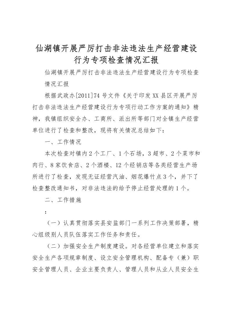 2022仙湖镇开展严厉打击非法违法生产经营建设行为专项检查情况汇报