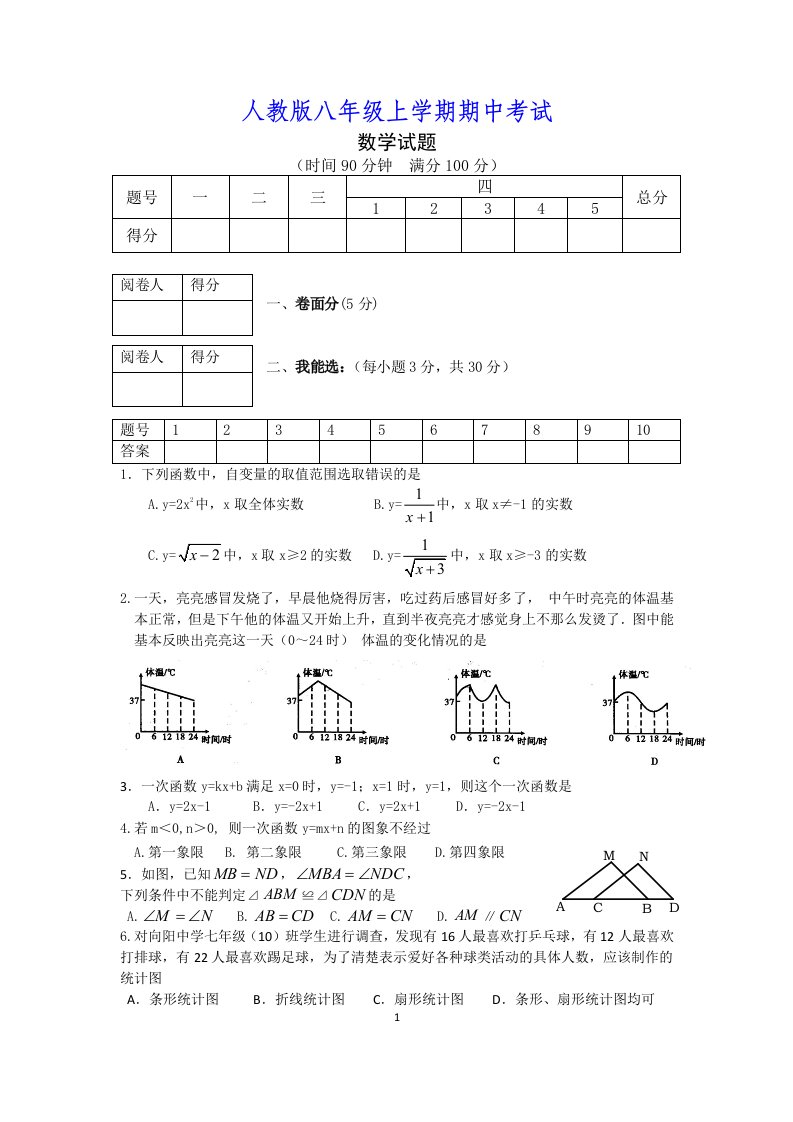 人教版初中数学八年级上学期期中考试试卷附答案