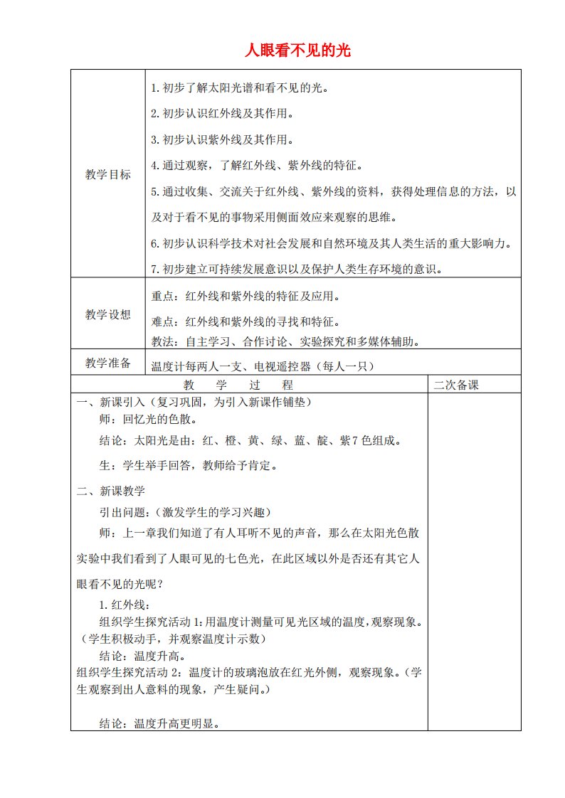 2022年苏科版物理八上《人眼看不见的光》教案