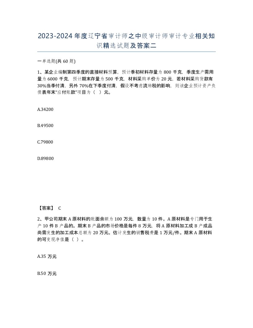 2023-2024年度辽宁省审计师之中级审计师审计专业相关知识试题及答案二