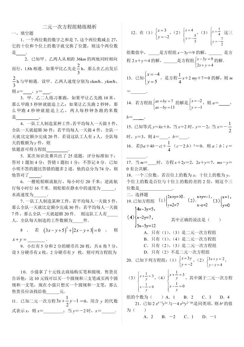 排二元一次方程组精练精析