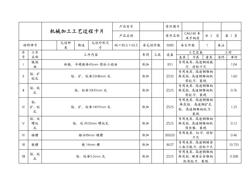 CA6140车床机械加工工艺过程卡片及工序卡片