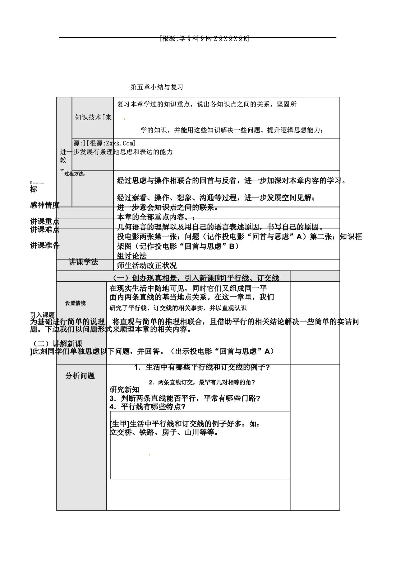 人教版七年级数学下册教案设计与反思第五章小结与复习