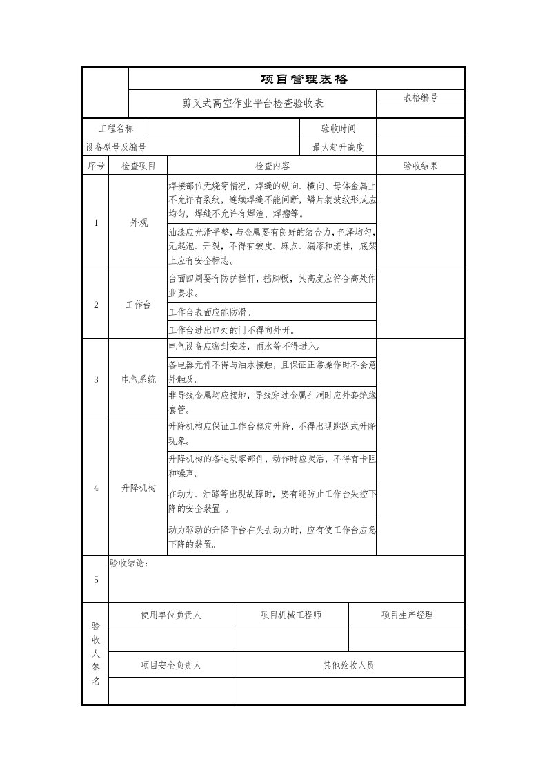 (中建)剪叉式高空作业平台检查验收表