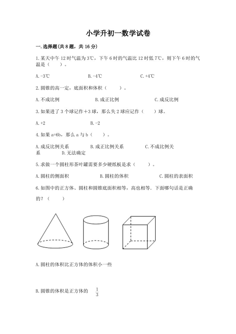 小学升初一数学试卷【培优b卷】