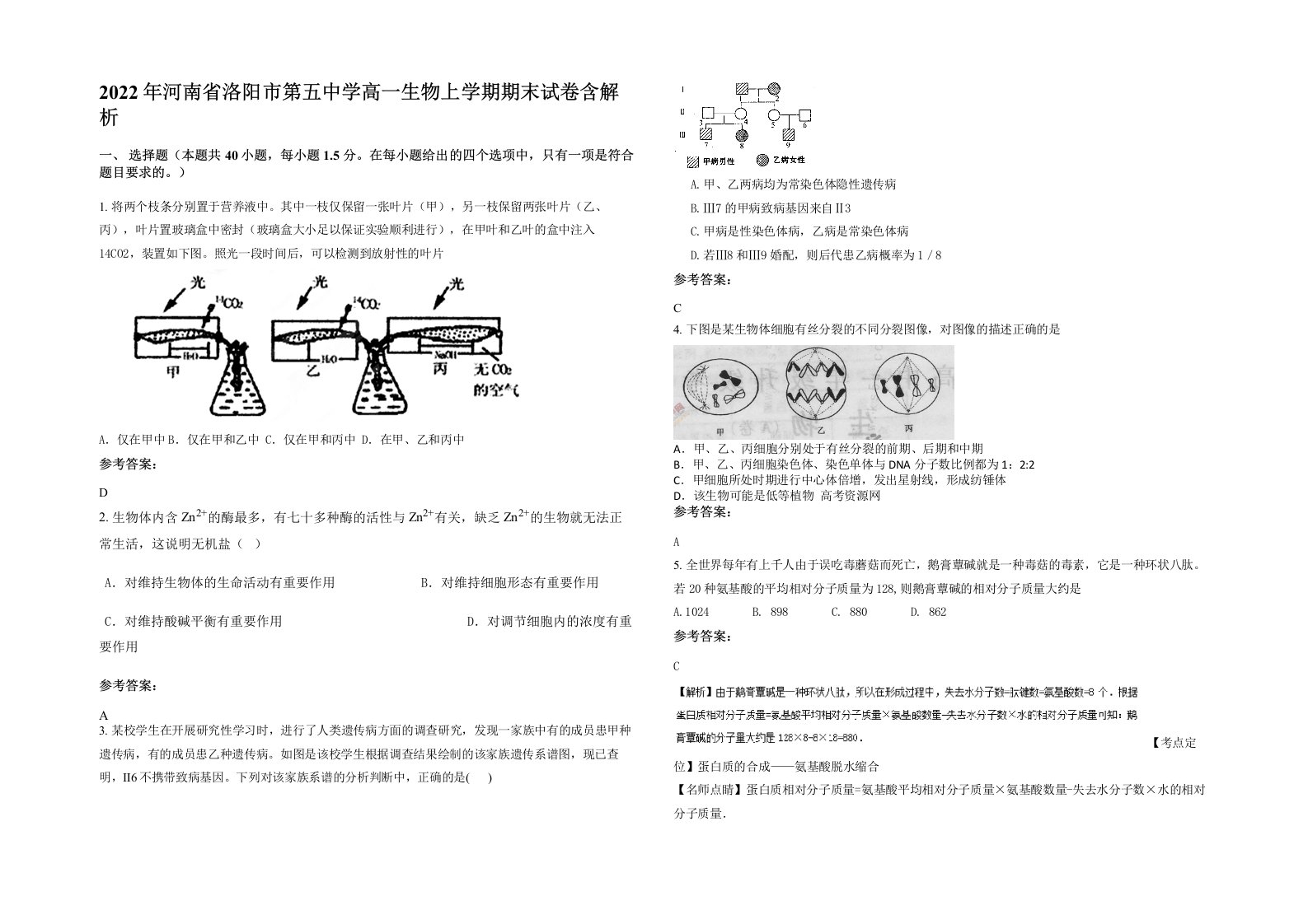 2022年河南省洛阳市第五中学高一生物上学期期末试卷含解析