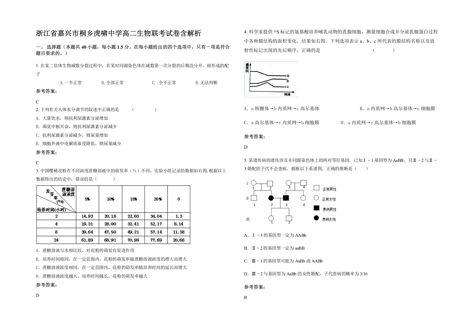 浙江省嘉兴市桐乡虎啸中学高二生物联考试卷含解析