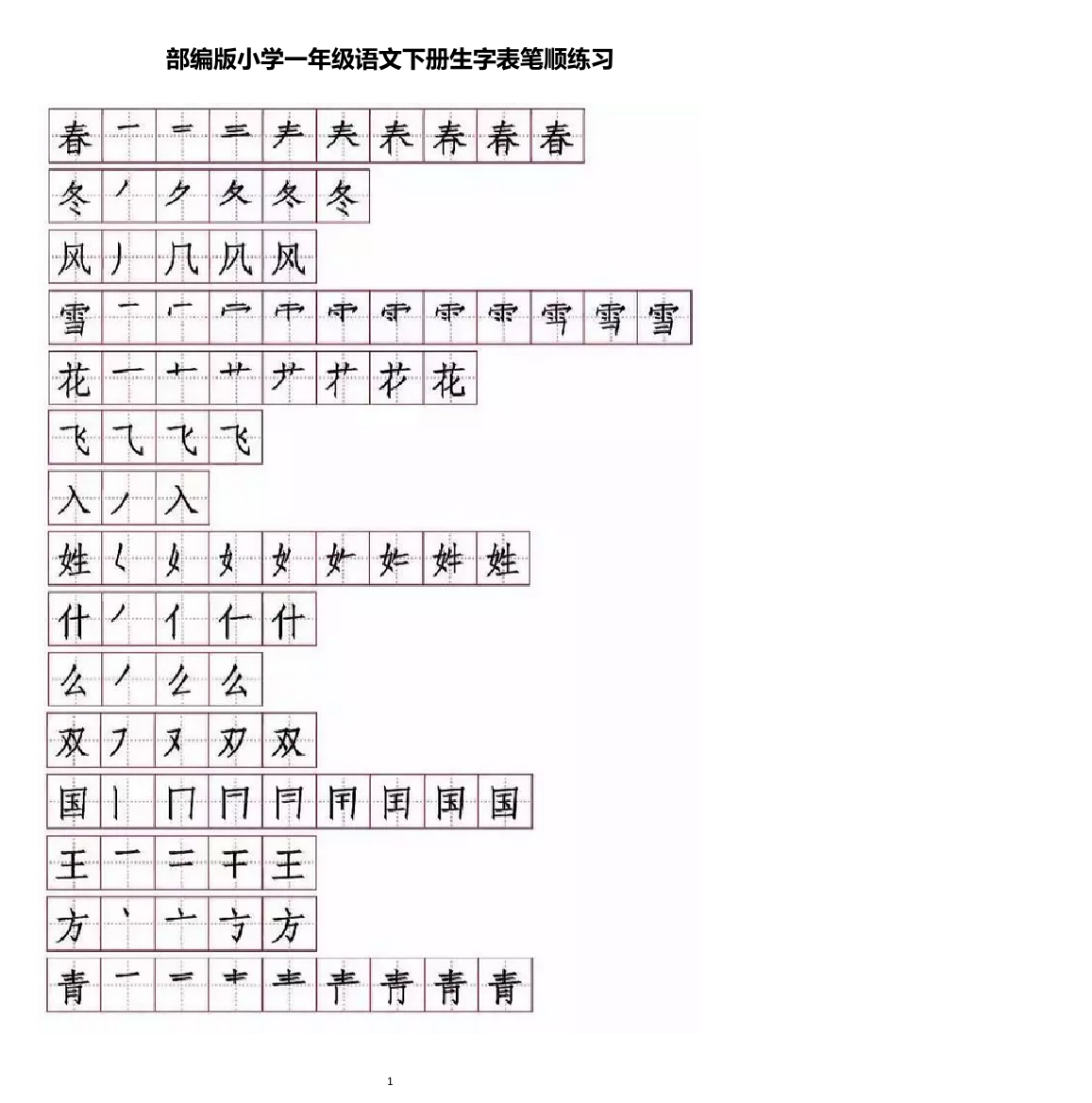 部编版小学一年级语文下册生字表笔顺练习精品