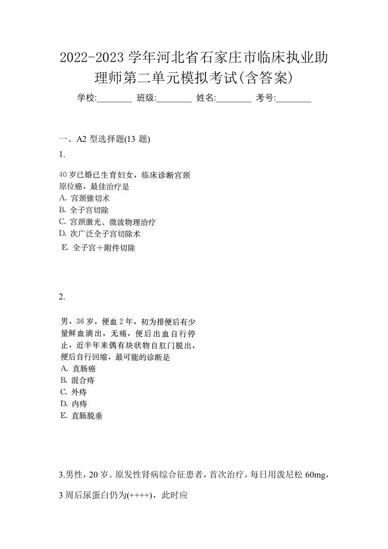 2022-2023学年河北省石家庄市临床执业助理师第二单元模拟考试含答案