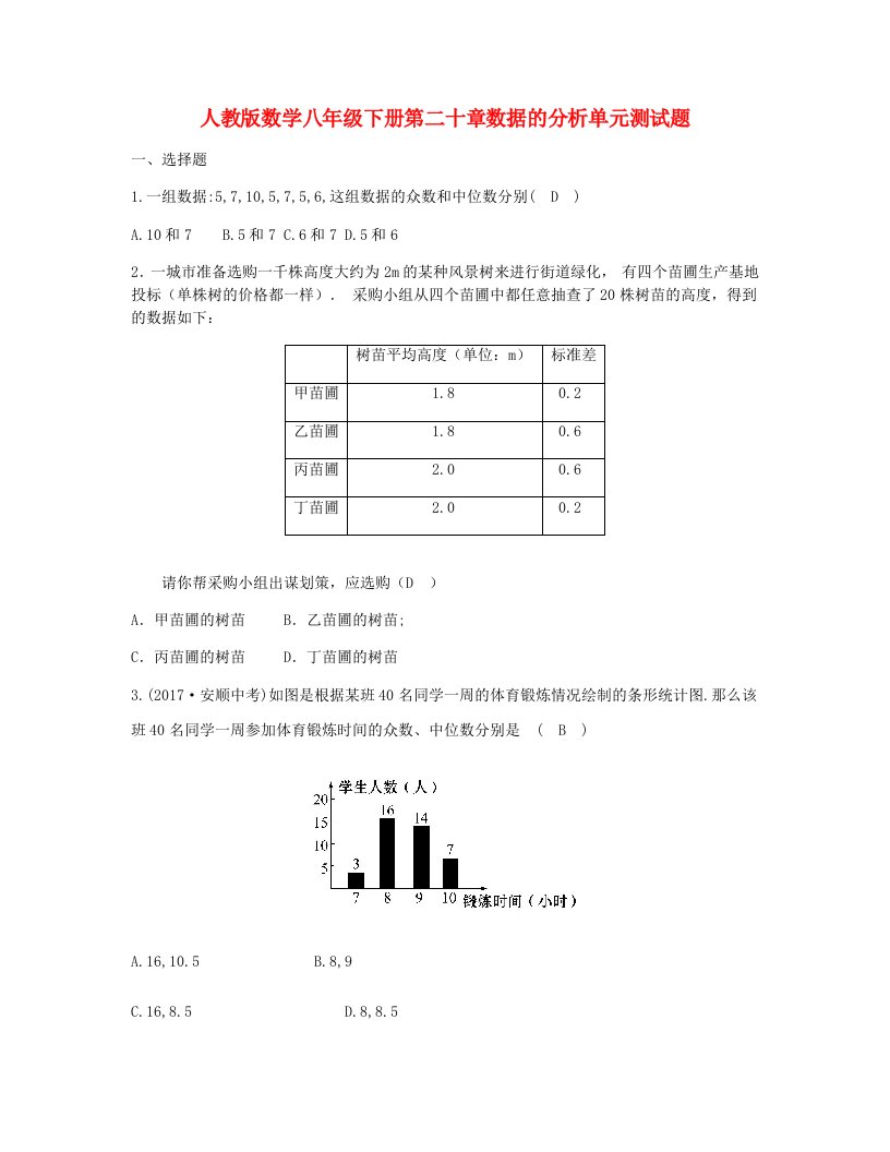 2019年八年级数学下册第20章数据的分析测试卷新版新人教版