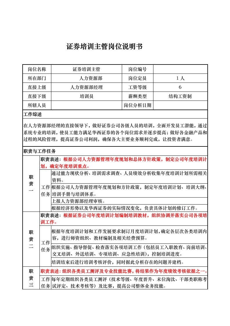 证券公司培训主管岗位说明书