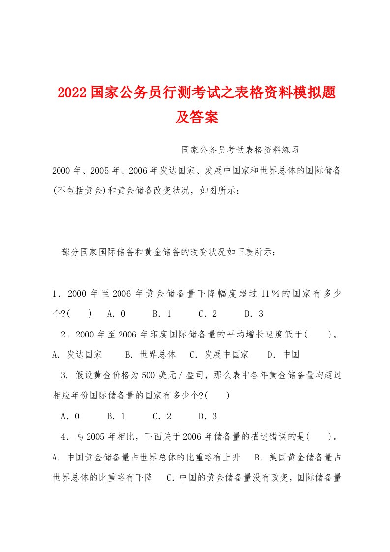 2022国家公务员行测考试之表格资料模拟题及答案