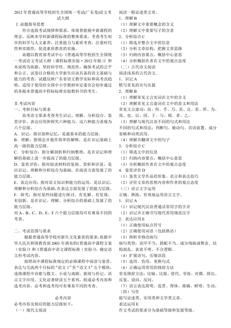 2012年广东高考考纲英语词汇表加语文考纲