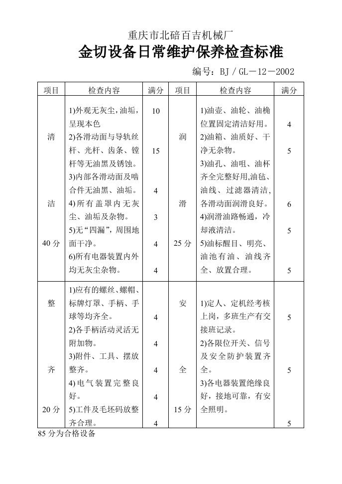 金切设备日常维护保养检查标准