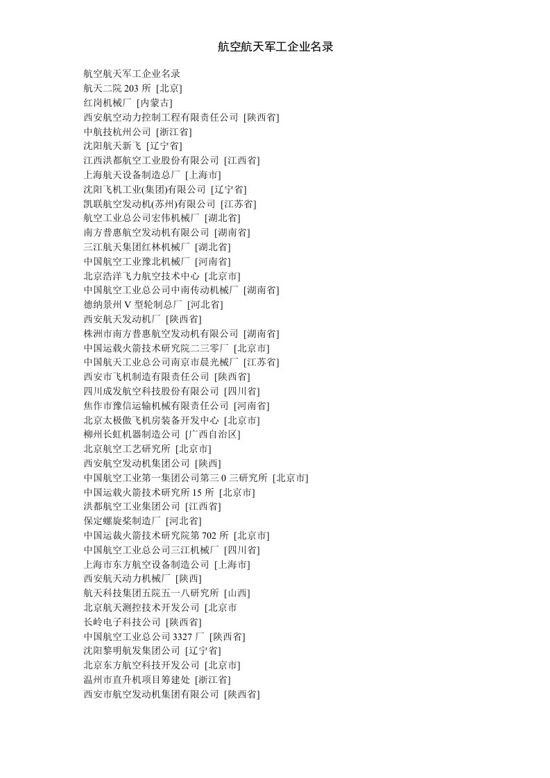 航空航天军工企业名录