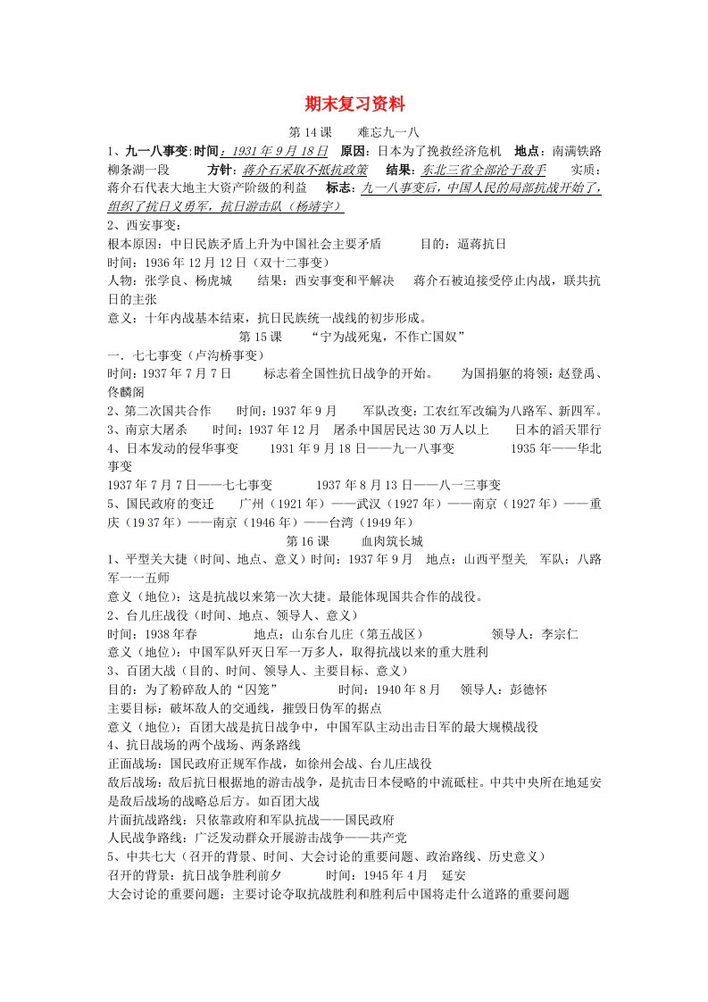 江苏省涟水县红日中学八年级历史下册期末复习资料新人教版