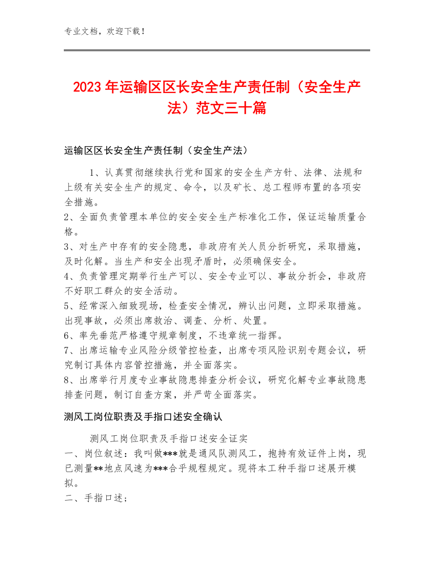 2023年运输区区长安全生产责任制（安全生产法）范文三十篇