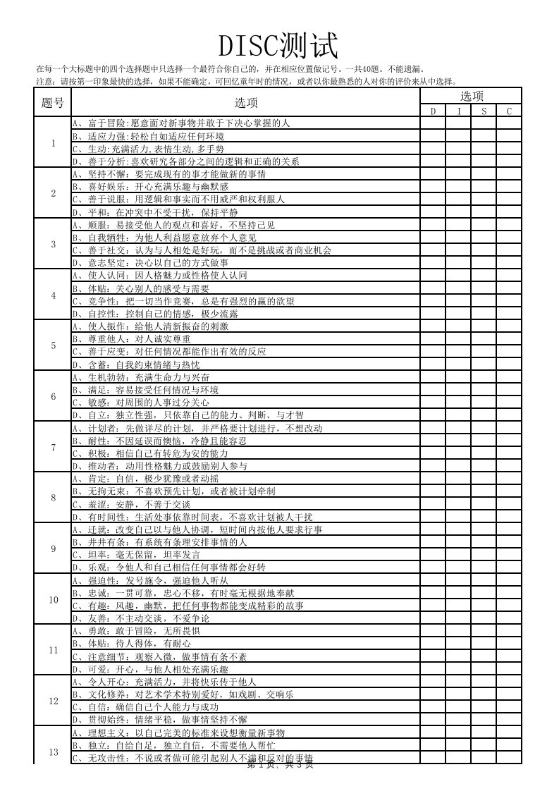 DISC性格测试(EXCEL版)