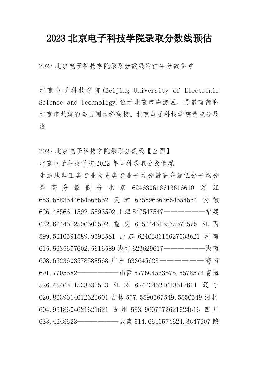 2023北京电子科技学院录取分数线预估