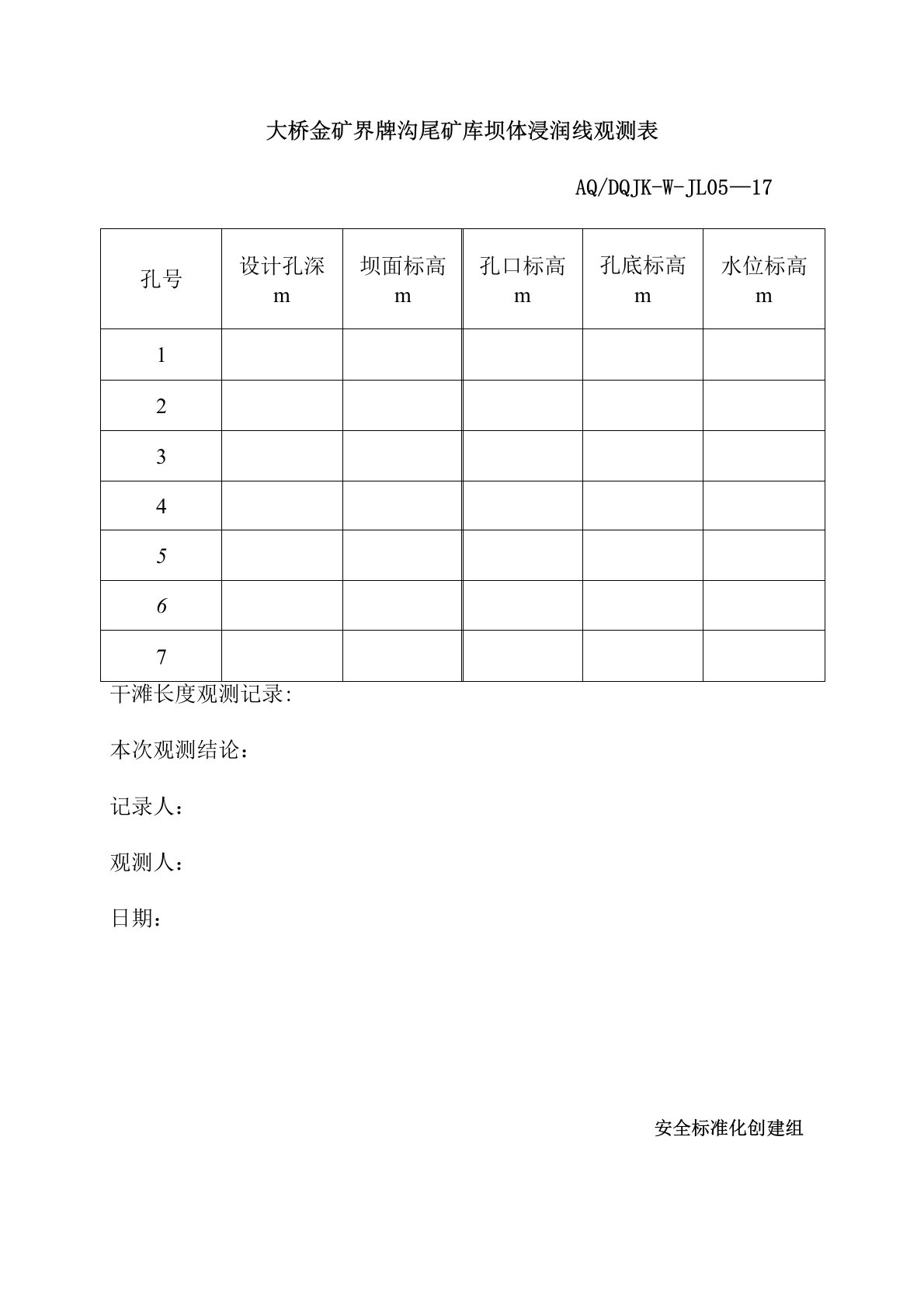 尾矿库坝体浸润线观测表017