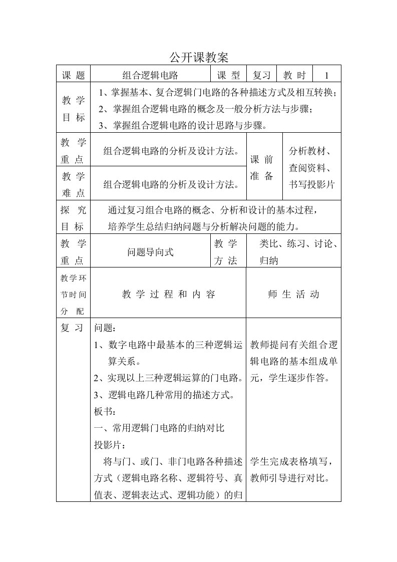 《组合逻辑电路》公开课教案