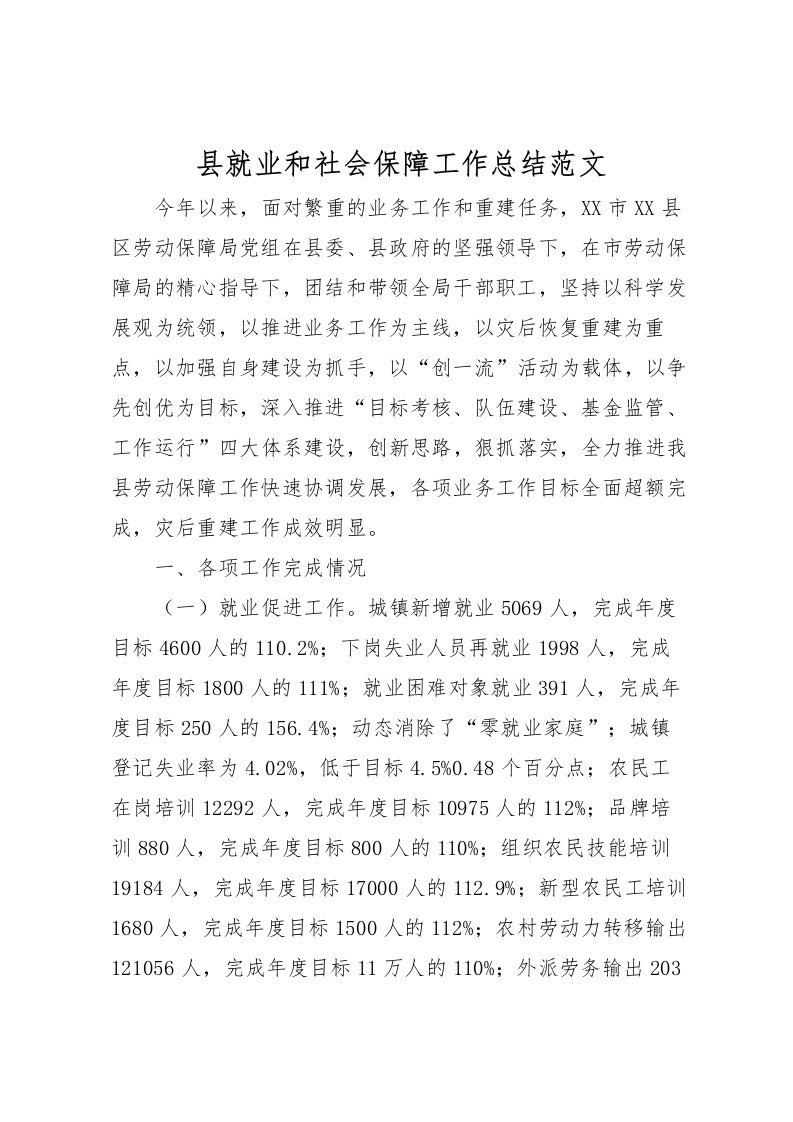 2022县就业和社会保障工作总结范文