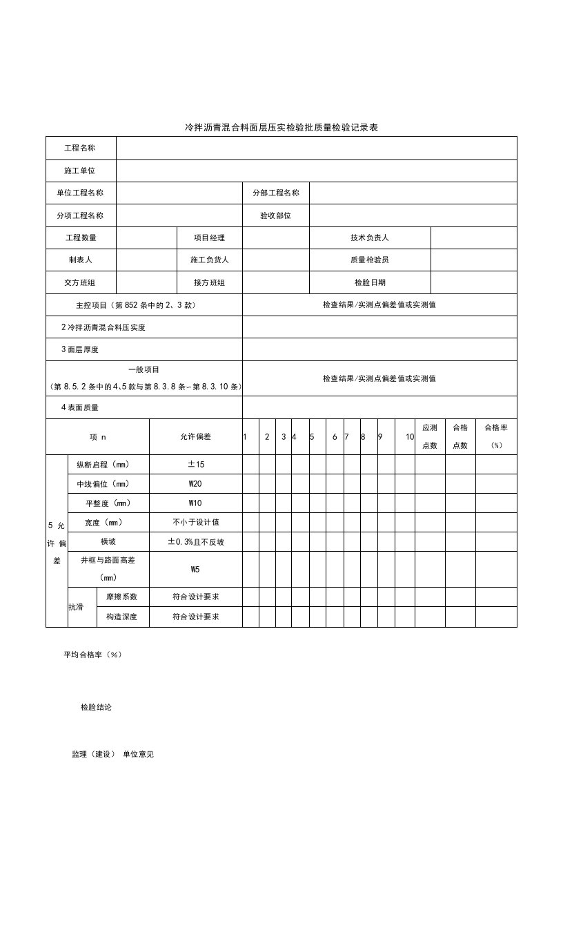 冷拌沥青混合料面层压实检验批质量检验记录表