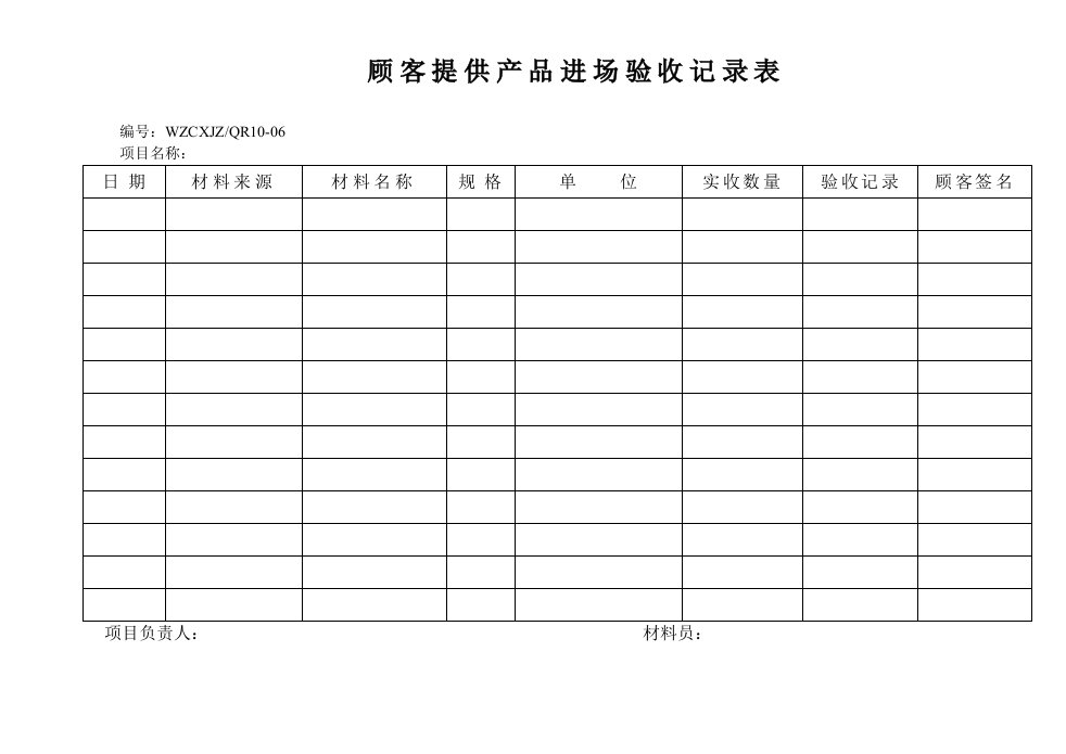 顾客提供产品进场验收记录表