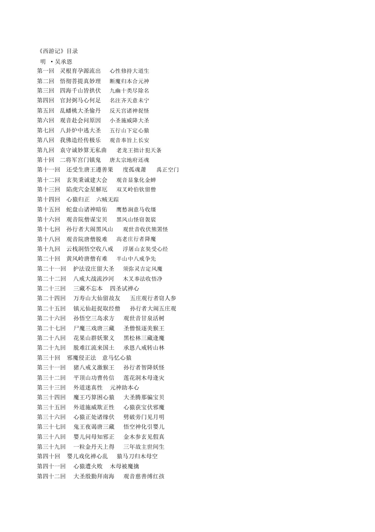 《西游记》原著目录100回