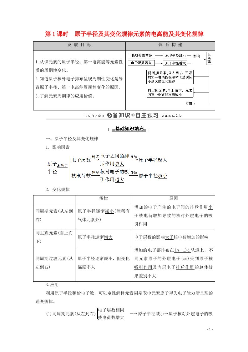 2020_2021学年新教材高中化学第1章原子结构与元素性质第3节第1课时原子半径及其变化规律元素的电离能及其变化规律教案鲁科版选择性必修2