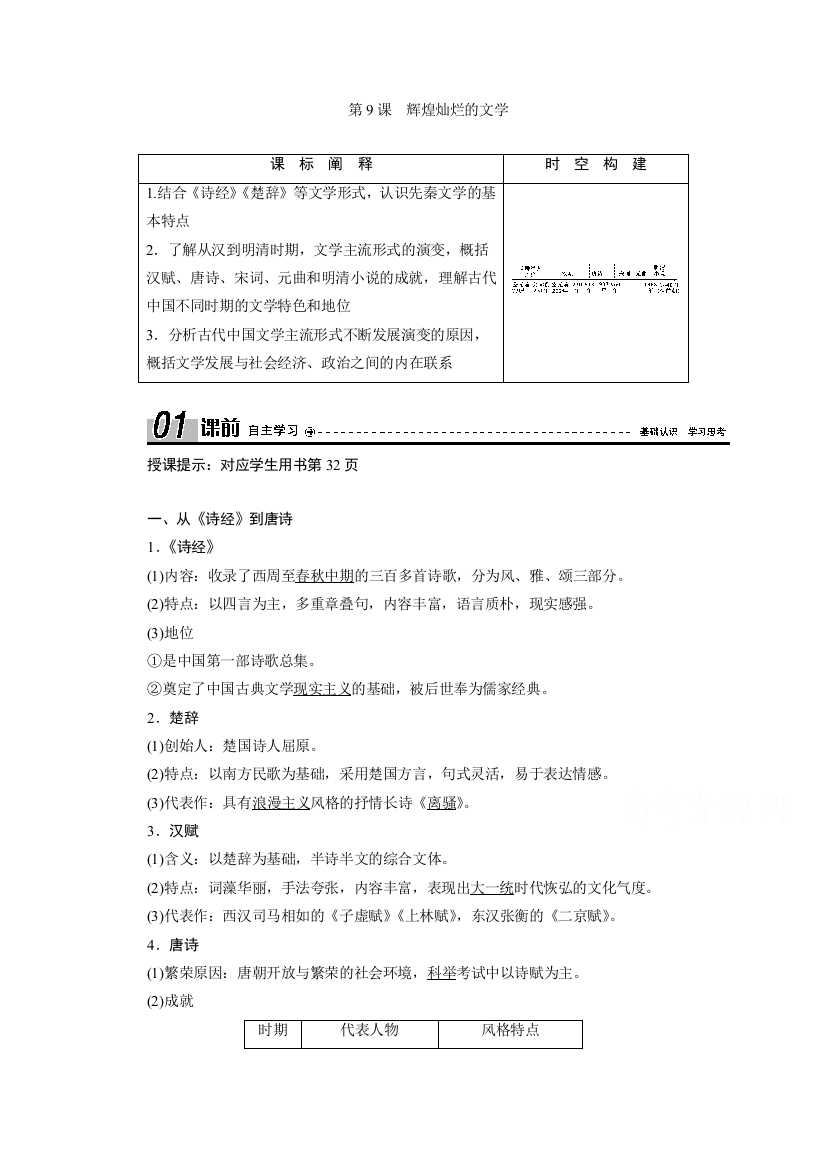 2020-2021学年人教版历史必修3学案：第9课　辉煌灿烂的文学