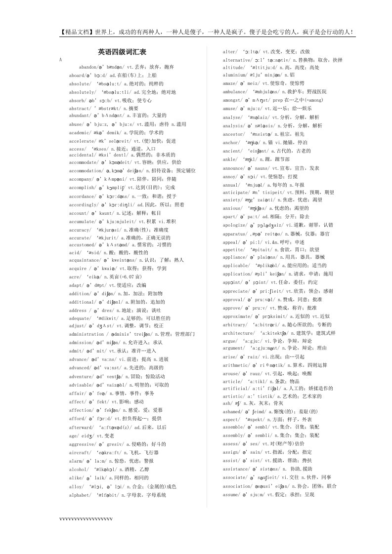 【精品文档下载】-英语四级词汇表带音标（整理版）