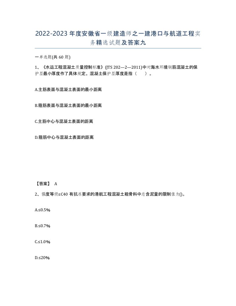 2022-2023年度安徽省一级建造师之一建港口与航道工程实务试题及答案九