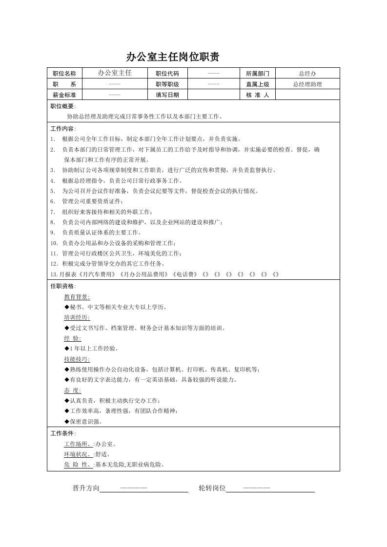 岗位职责-中小企业办公室主任岗位职责